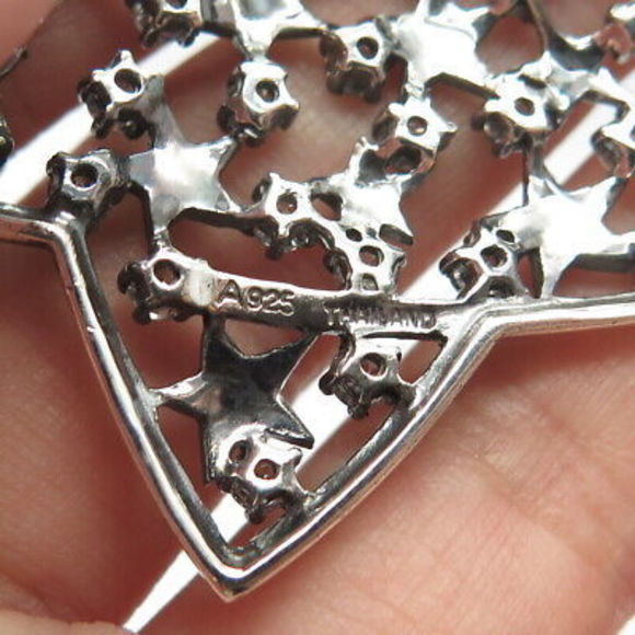 925 Sterling Silver Real Marcasite Gemstone & C Z Star Pin Brooch - Picture 8 of 8